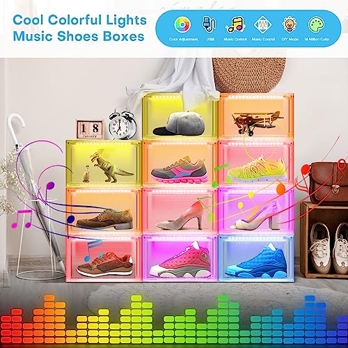 Oltraman Shoe Storage Organizer for Closet, Foldable Shoe Boxes Rack 2 pack, Clear Plastic Stackable Containers Bins Holder, Magnetic Sneaker Shelf for Sneakerheads with LED Lights Clear - color: Clear