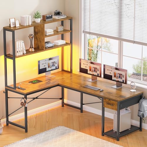 SEDETA L Shaped Gaming Desk, 51.2" Reversible Small Corner Desk with Drawer, Power Outlet & LED Lights, Computer Desk with Storage Shelves for Small Space, Rustic Brown - color: Rustic Brown