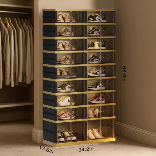 SYNCVIBE Shoe Rack Organizer for Closet Entryway Foldable Sneaker Storage Shoe, Collapsible Shoe Cabinet, Stackable Shoe Storage Cabinet with Lids for Living Room (9 Tiers -36 Pairs Black Gold) - size: 9 Tiers -36 Pairs Black Gold