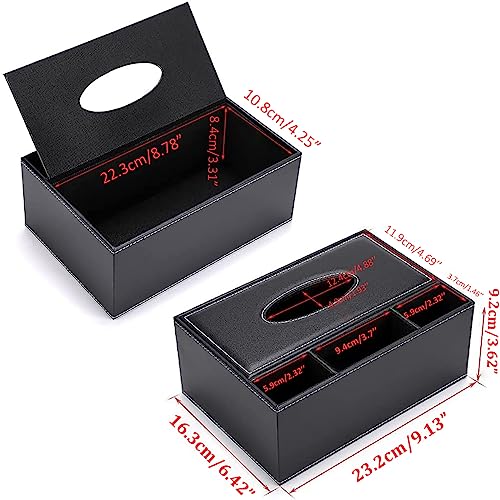 PU Leather Tissue Box Cover - Multifunctional Tissue Box Holder with Stationery Remote Control Box - Elegant and Stylish Home Napkin Holder Desktop Tissue Paper Holder Desk Storage Organizer (Black)