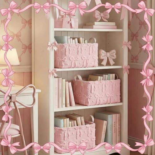 Kathfly 3 Pcs Bow Foldable Storage Baskets Plush Faux Fur Jacquard Design Laundry Basket with Handles Waterproof Storage Bins Fabric Shelf Baskets for Organizing Closet Clothes - style: Bow