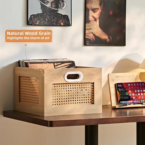 LELELINKY 2 Pack Vinyl Record Storage Crates, Rattan Vinyl Record Holder with Handle, Natural Wood Record Crate for Vinyls Holder up to 75 LP's, Desktop Cube Album Storage for Vinyls Records - color: Natural, size: 2 Pack