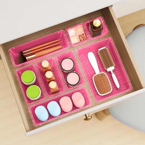 ElegantArray 12 PCS Drawer Organizer Set, 4 Sizes Tool Storage Trays, Clear Plastic Makeup Vanity Organizer and Storage Bins for Stationeries, Multiple Gadgets for Office, Bedroom, Pink - color: Pink, size: 12 PCS