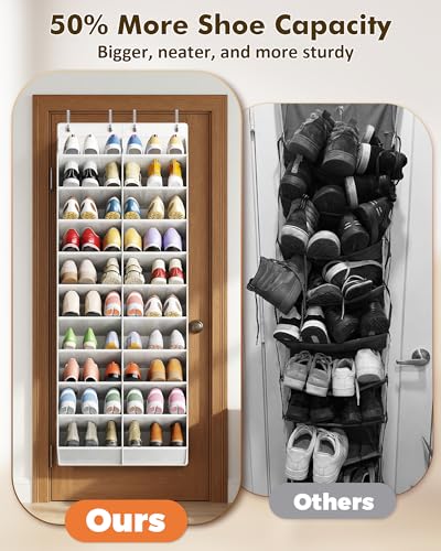 30 Pairs Over the Door Shoe Organizer, 10 Tiers Shoe Rack for Door with Wider & Deeper Pockets(Fit Men's Size 14), Hanging Shoe Holder Storage for Closet, Bedroom, Bathroom (White - color: White