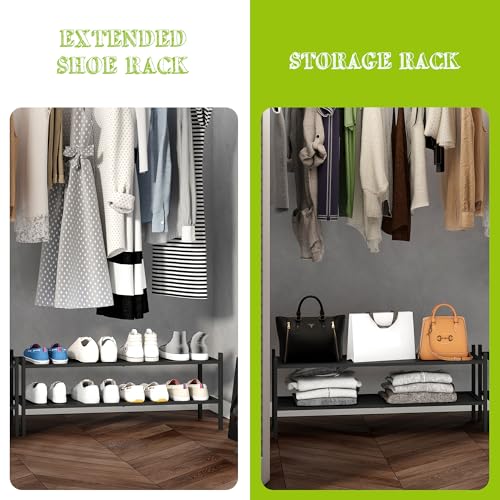 BMOSU 2-Tier Bamboo Extended Shoe Rack Premium Stackable Shoe Shelf Storage Organizer for Hallway Closet Living Room Entryway Organizer(Black) - color: Black, size: 2-Tier Long（33.3*11*12.6inches）