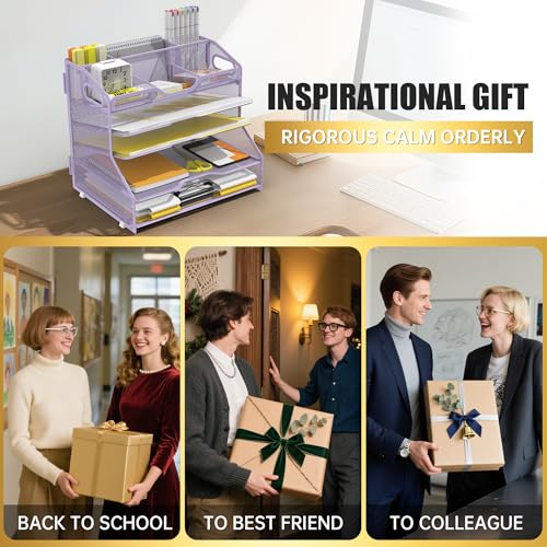 YINGHUA 5 Tier Paper Tray Letter Organizer with Top 6 Adjustable Compartments - Paper Sorter Office Desktop Accessories with Handles for Document,Mail,School Supplies Storage,Purple - color: 5 Tier-purple