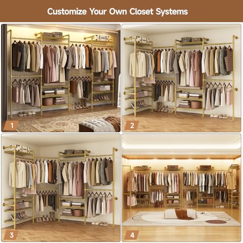 ComfyCorner Wall Mounted Garment Rack, Industrial Pipe Metal Clothing Rack with 6 Hanging Rods (4 Expandable) & 8 Shelves, Closet Organizers and Storage System for Bedroom, Walk in Closet - color: Gold
