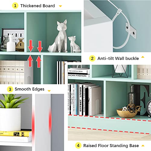IOTXY Open Shelf Low Bookcase - Wooden 3-Tier Floor Standing Display Cabinet Organizer with Base, 5 Cubes Short Horizontal Bookshelf in Tiffany-Green - color: Tiffany Green, size: 50CM Base