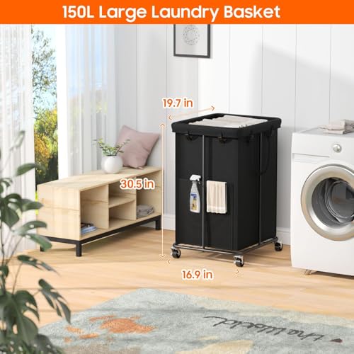 150L Laundry Hamper with Wheels, Rolling Laundry Basket with Metal Frame and Removable Bag, Large & Tall Dirty Clothes Hampers for Bedroom Aesthetic, Laundry Room, Bathroom, Dorm-Black - color: Black, size: 40GAL