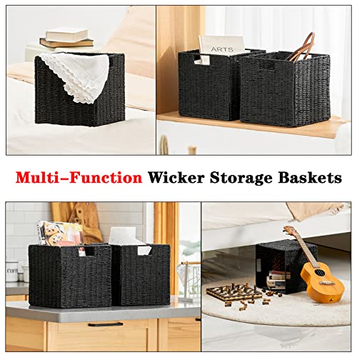 Vagusicc Wicker Storage Basket, Set of 2 Hand-Woven Wicker Basket, Foldable Cube Storage Bin, Black Storage Basket, Square Storage Baskets for Organizing Shelves & Decor, Black (11″×11″×11″) - color: Black, size: 11'' x 11'' x 11''
