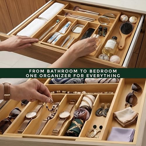 Bamboo Drawer Organizer – Expandable 9 Slot Silverware & Utensil Tray for Kitchen, Office & Kitchen –Fits 13”–19.6” Drawers, Natural Bamboo Wood, Deep Compartments - Durable & Eco-Friendly - size: 9 Slot