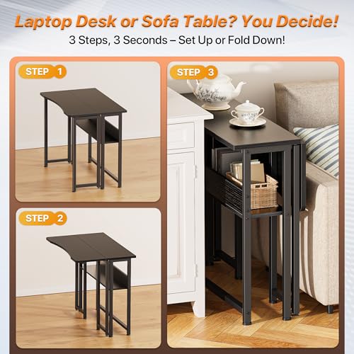 Huuger Folding Desk with Storage Shelf, 31.5 Inch Foldable Computer Table for Small Spaces, Space Saving Sofa Table for Couch, Writing Work Office Computer Desk, Easy to Fold, Black - color: Black, size: 18.5"D x 31.5"W