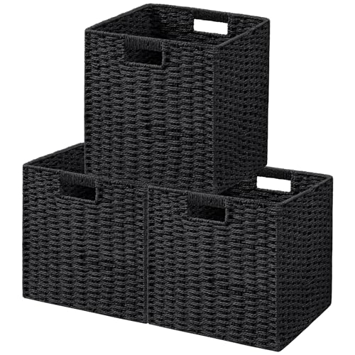 UBBCARE 3 Pack Wicker Basket, 11L×11H×10.5W inch Woven Paper Rope Storage Baskets for shelves, Foldable Cube Storage bin with Handle, Storage Basket for Organizing & Decor, Black - color: Black, size: Cube-3pack 11"