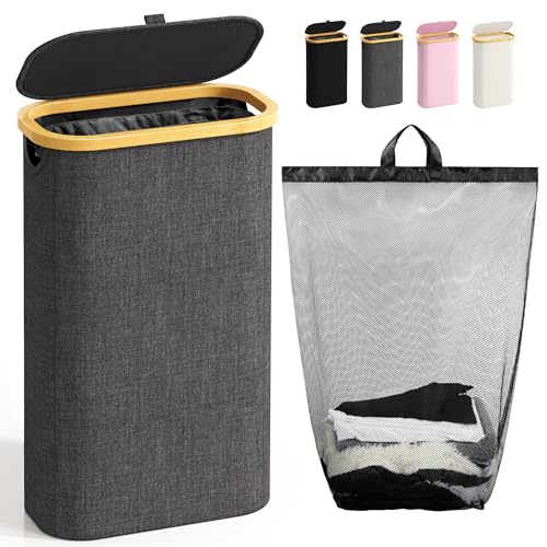 Bathola 75L Slim Laundry Hamper with Lid, Dirty Clothes Hampers for Laundry, Collapsible Laundry Baskets for Small Spaces, Bedroom, Bathroom, Laundry Room, Dark Grey - color: Dark Grey, size: 75l