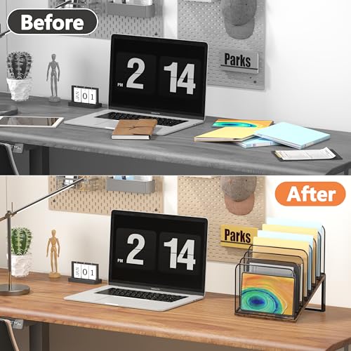 Piskyet Wooden Desk File Organizer, 7-Section Vertical File Folder Holder Stand,Metal Mail Paper Chromebook Organizer for Teacher Desk Office Classroom Desktop Organization（Inclined） - size: 7-Section Inclined
