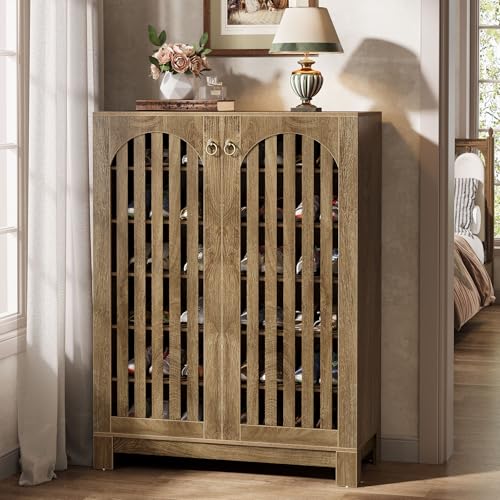 Tribesigns Shoe Cabinet with Shutter Doors, 6-Tier Shoe Storage Cabinet, Entryway Shoe Rack Organizer with Adjustable Shelves for Living Room, Hallway, Natural Wood - color: Wood Color