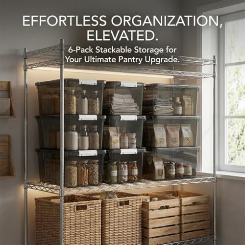 19 Quart Stackable Plastic Storage Bins with Lids, 6 Pack Clear Black Organizer Boxes with Secure Latches for Garage, Tools, Closet, Office, Durable Storage - color: Black, size: 19 QT