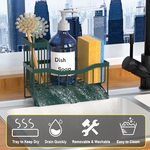 Fssvcd Maifan Sink Caddy Sponge Holder for Kitchen with Brush Holder and Stainless Steel Self Drain Tray, Rustproof Kitchen Sink Organizer for Sponge, Soap Dispenser Storage Accessories Dark Green - color: Dark Green