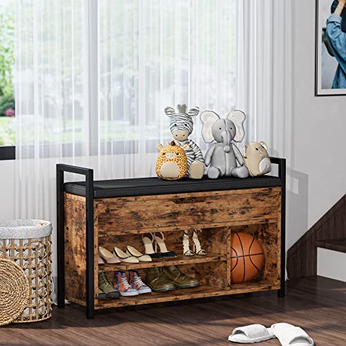 IRONCK Shoe Storage Bench, Entryway Bench with Lift Top Storage Box, Metal and Board Bench for Entryway, Two Tier Shoe Rack Organizer for Entryway, Hallway, Industrial, Vintage Brown - size: 35.4" W