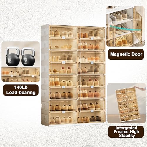 24 Pairs Shoes Storage Cabinet of 3-Step Fast Installation,Plastic Shoe Box with Clear Magnetic Door for Display, Shoe Organizer for Sneaker, Sandals, Heels (2 Row, 6 Tier) - size: 6Tier