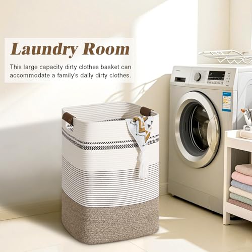 Laundry Hamper, 85L Tall Laundry Basket with Leather Handles, Rectangle Large Clothes Hamper for Organizing, Cotton Woven Laundry Baskets Storage Hampers for Bedroom, Nursery, Living Room - color: Rice Brown & White, size: 85L