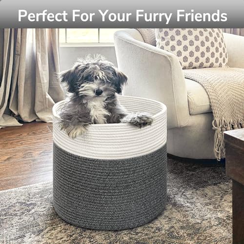 Goodpick Large Cotton Rope Basket, Blanket Basket Living Room 15.8"x15.8"x13.8" Baby Toy Storage, Woven Storage, Gray - color: White & Grey, size: 15.8x15.8x13.8 Inch (Pack of 1)