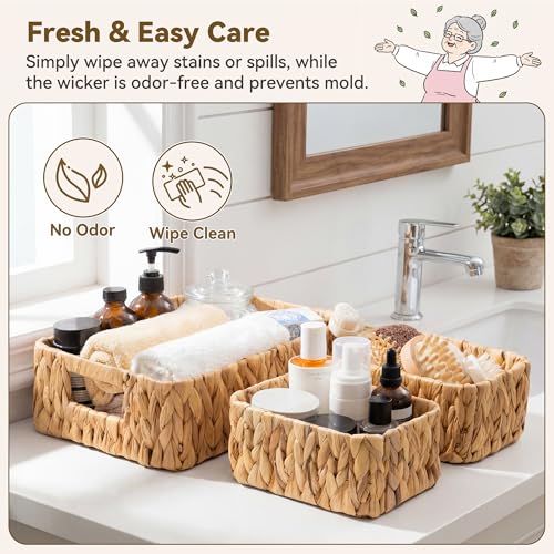 GRANNY SAYS Small Wicker Baskets for Shelves 3 Pack, Wicker Storage Baskets with Handles, Water Hyacinth Woven Basket for Organizing Counter, Toilet, Pantry, Living Room Storage - color: Narural, size: 13"L x 9"W x 4"H + 2x 7¾"L x 5¾"W x 3½"H