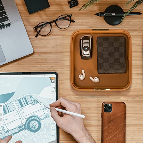 SANZIE Luxury Leather Desktop Storage Small Catchall Organizer Decorative Tray for Entryway Table to Hold Jewelry Watch Cosmetics Keys Phone Wallet, Home & Office Accessories (Metal Gilded, Orange) - color: Orange (Metal Glided), size: 7.5" x 7.2" x 2"