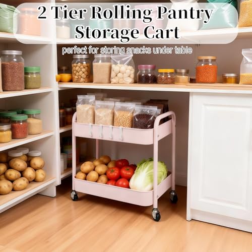 2 Tier Pink Rolling Cart with Wheels for Under Desk Storage, Large Capacity Rolling Pantry & Kitchen Storage Cart for Small Space, Sturdy Metal Bathroom Shelf Laundry Room Organization - color: Pink