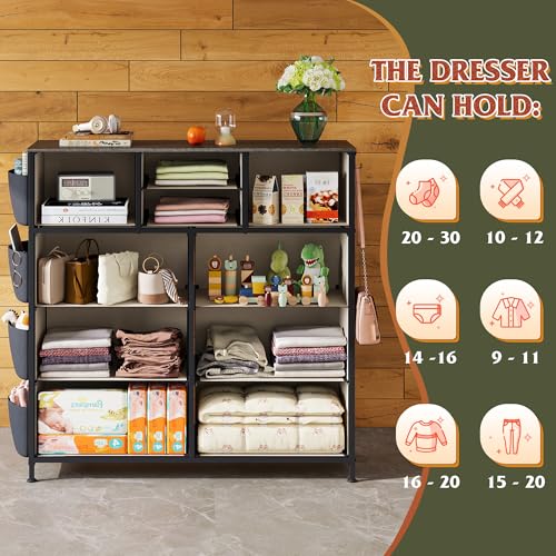 WLIVE Dresser for Bedroom with 10 Drawers, Fabric Dresser Chest of Drawers with Side Pockets and Hooks, Sturdy Metal Frame, Drawers Organizer Unit for Room, Hallway, Dark Gray - color: Dark Gray