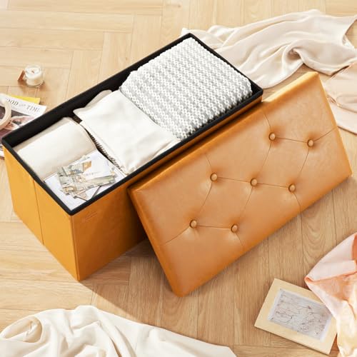 HAUSFRAU - Storage Ottoman Bench, 30 Inches Button Tufted Upholstered Ottoman Footstool with Storage for Living Room Bedroom Entryway, Load 660 lb, Synthetic Leather, Caramel - color: Caramel Brown, size: 15"D x 30"W x 15"H
