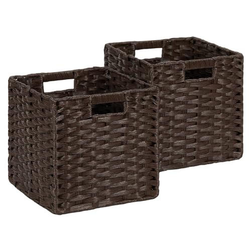 DULLEMELO Wicker Storage Bins 11x11 Storage Cubes for Organizing Plastic Woven Baskets for Storage Set of 2 Waterproof Woven Storage Cube Organizer for Pantry Closet Set of 2 - Deep Coffee - color: Deep Coffee, size: 11in-2 pack
