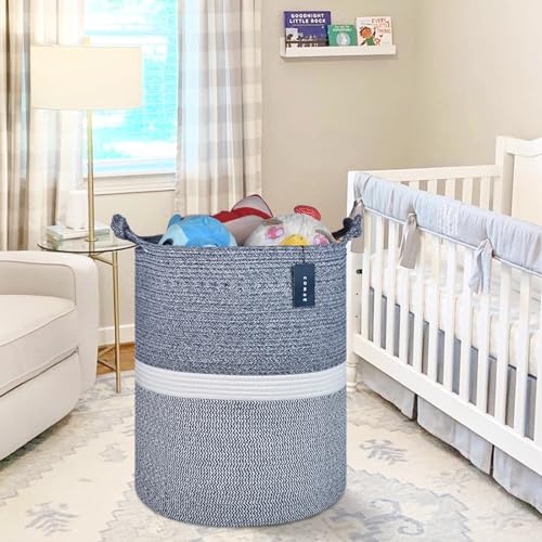 COMSE Extra Large Blanket Basket, Tall Woven Storage Basket, Nursery Hamper, 15.7”x 21.7”, Cotton Rope Laundry Hamper for Toys Clothes Towels, Blend Navy Blue/White - color: Blend Navy Blue & White