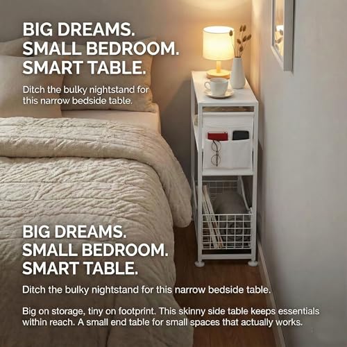 Skinny Side Table with Storage, 3 Tier Slim Side Tables for Small Spaces, Skinny End Table Narrow Bedside Table Narrow Side Table for Living Room, Bedroom - color: White
