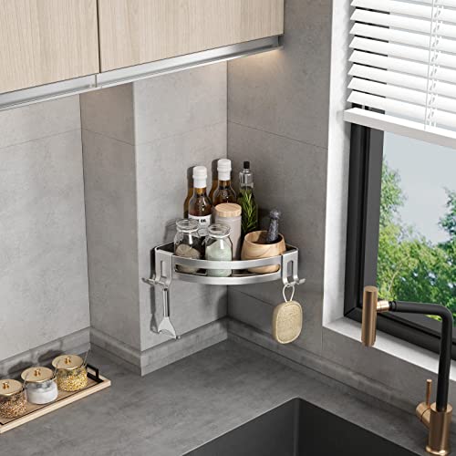 VOLPONE Shower Corner Shelf Caddy 2 Pack shower Organizer No Drill (adhesive mounting, no suction cup) Shower Storage Rust Proof Bathroom Corner Wall Shelf shampoo holder Silver - style: Without Suction Cup Triangle with Hooks 2 Tier Silver