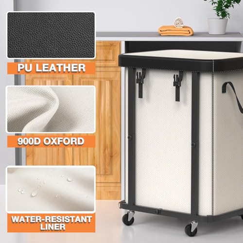 150L (40 Gal) Large Fashion Laundry Basket with Wheels, Leather Patchwork Rolling Hamper Carts, Sturdy Metal Frame, Removable Washable Bag, Tall Clothes Sorter for Bedroom, Laundry Room - Beige - color: Beige, size: 1 Section-150L