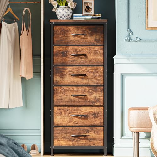 Huuger 43.3 Inch Tall Dresse for Bedroom, 6 Drawer Dresser & Chests of Drawers, Fabric Dresser for Closet, Bedroom, Night Stand, End Table with Metal Frame, Storage Tower, Rustic Brown - color: Rustic Brown, size: 43.3inch(6 Drawers)