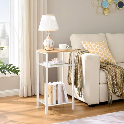 Hoctieon 3 Tier End Table, Telephone Table, Narrow Side Table with Storage, Nightstand for Small Spaces, Metal Frame, for Living Room, Bedroom, Sofa Couch, Hall, Easy Assembly, White and Yellow Oak - color: White+yellow Oak, size: 1 Pack