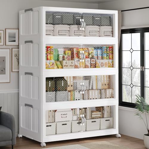 640QT Large Plastic Storage Boxes with Wheels & Lid, 160GAL Stackable Closet Organizers, Collapsible Folding Cabinet for Home Office Kitchen, 4Pack White - color: White