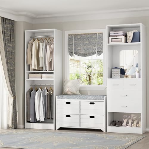 Unikito 50” Closet System with 4 Drawers, 4.2FT Wood Closet Organizer with Hanging Rods and Mirror, Reversible Small Walk in Closet Wardrobe, Adjustable Sturdy Clothes Garment Rack, Set of 2, White - color: White, size: 50 Inch