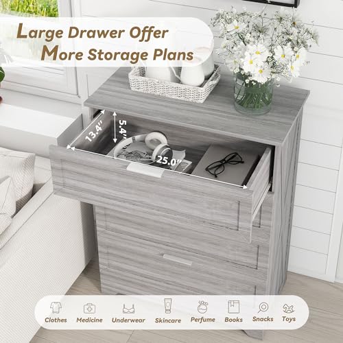 FTZxHKLX Farmhouse 4 Drawer Dresser for Bedroom, Tall Bedroom Dresser with Large Drawer & Silver Handles, Wooden Storage Organizer Cabinet Chest of Drawer for Closet, Living Room, Hallway, Wash Grey - color: Wash Grey