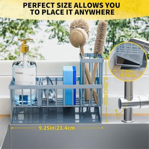 Cisily Sink Caddy Organzier with High Brush Holder, Sponge Holder for Sink, 304 Rustproof Stainless, Kitchen Countertop Soap Dispenser Organizer, Gray Blue Kitchen Decor and Accessories - color: Grey Blue, size: 9.25″