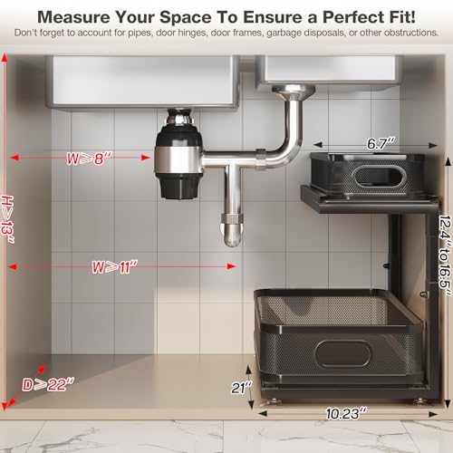 2 Pack 21IN-Depth Under Sink Organizer With Next-Gen Ball-Bearing Slides,2-Tier Precision Mesh Pull Out Cabinet Storage for Bathroom&Kitchen,Height Adjustable Drawers Shelf,Anti-rust-Black - color: Black, size: 2 Pack-21"Dx12.4"-16.5"H