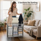 Yecaye 180L Laundry Basket With Lid and Removable 3 Bags, Large Rolling Laundry Hamper with Lid, 3 Section Rolling Clothes Storage With Wheels, Clothes Hamper with Wheels For Laundry Room, Beige