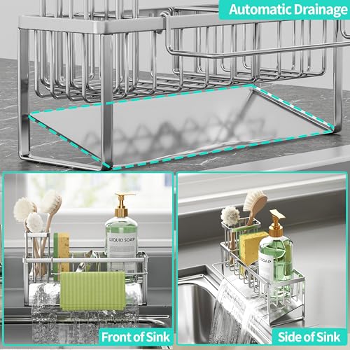 HapiRm Sponge Holder for Kitchen Sink - Self-draining Sink Caddy with Brush and Dishcloth Holders with Sloping Drainage - Silver - color: Silver-sloping, size: with Dishcloth Holder