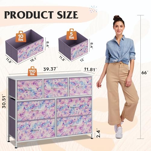 WLIVE 7 Drawer Dresser TV Stand, Entertainment Center, Media Console Table with Wood Top for TV up to 45 inch, Chest of Drawers for Bedroom, Living Room, Tie-dye Print (Pink, Purple, Blue) - color: Tie-dye Purple Print