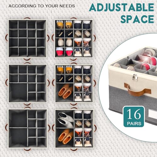 Shoe Organizer for Closet, Foldable Shoe Storage Bins with Clear Cover, Space Saving Shoes Holder with 4 Handles, Large Adjustable Shoe Box Storage Containers, Fits 8-16 Pairs, 1 Pack, Beige - color: Beige and Grey, size: (1 Pack) 17"L x 17"W x 12 ½"H