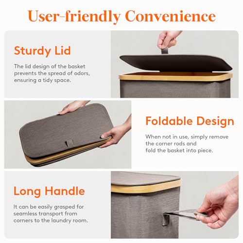 Lifewit 65L Slim Laundry Hamper with Lid, Narrow Laundry Basket with Removable Bag & Bamboo Handles, Fodable Thin Dirty Clothes Hamper for Laundry Collapsible Bin for Bathroom Bedroom Dorm, Brown - color: Brown, size: 65L