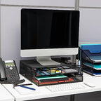Mind Reader Monitor Stand, Ventilated Laptop Riser, Storage Drawer, Office, Metal Mesh, Black
