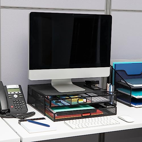 Mind Reader Monitor Stand, Ventilated Laptop Riser, Storage Drawer, Office, Metal Mesh, Black